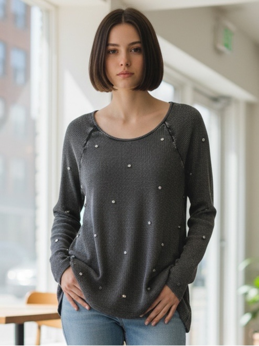 Women's Charcoal Mirror-Accent Knit Top